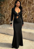 Women's Autumn Sexy Ruffled V-Neck Long Sleeve Solid Evening Dress