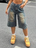 Women's Distressed Patchwork Frayed Hem Loose Straight Leg Denim Shorts