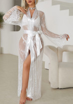 Women's Sexy Lace See-Through Long Bell Sleeve Tie-Dye Nightgown