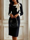 Women's Professional Chic Bow Tie Bodycon Color Block Office Dress