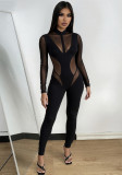 Women's Autumn Winter Sexy Mesh Patchwork See-Through High Neck Jumpsuit
