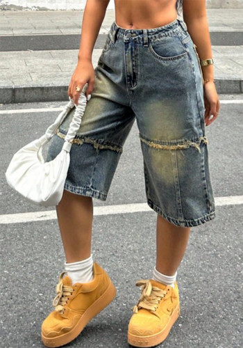 Women's Distressed Patchwork Frayed Hem Loose Straight Leg Denim Shorts
