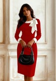 Women's Professional Chic Bow Tie Bodycon Color Block Office Dress