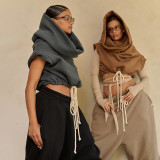 Women's Autumn Winter Solid Casual Sleeveless Color Block Drawstring Hooded Top