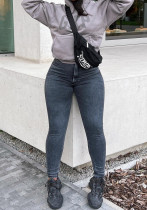 Women's Autumn Winter Fleece Lined High Waist Tight Fitting Stretch Denim Pants