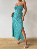 Women's Strapless Pleated Slim Fit Bow Slit Evening Gown