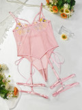 Women's Sexy Lace Embroidery See-Through Pink Bodysuit Lingerie