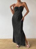Women's Strapless Pleated Slim Fit Bow Slit Evening Gown