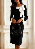 Women's Professional Chic Bow Tie Bodycon Color Block Office Dress