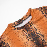 Women's Autumn Winter Snake Print Round Neck Pullover Crop Top Tight Fitting Pants Set