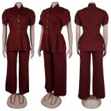 Women Elegant Puff Sleeve Button Top and Pant Two-Piece Set