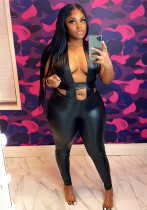 Women's Autumn Halter Neck Cross Lace-Up Bow Tie Leather Low Back Hollow Out Jumpsuit