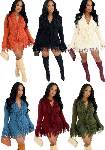 Autumn & Winter Knitted Crochet Fringe Lace-Up Long Sleeve Bodycon Skirt Set