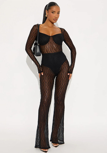 Women's Autumn Solid Sexy Mesh Lace See-Through Bell Bottom Jumpsuit