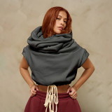 Women's Autumn Winter Solid Casual Sleeveless Color Block Drawstring Hooded Top