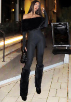 Women's Winter Fashion Sexy Off-Shoulder Furry Patchwork Jumpsuit