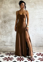 Women's Autumn Winter Low Back Sexy Slit Strappy Party Gown