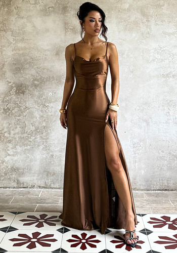 Women's Autumn Winter Low Back Sexy Slit Strappy Party Gown