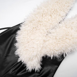 Women's Autumn Halter Neck Furry Collar Lace-Up Patchwork Leather Low Back Hollow Out Jumpsuit