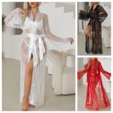 Women's Sexy Lace See-Through Long Bell Sleeve Tie-Dye Nightgown