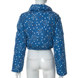 Women's Autumn Winter Casual Print Turndown Collar Zip Cotton-padded Coat