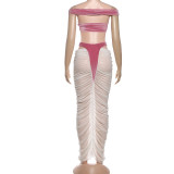 Women's Autumn Winter Sexy Off Shoulder Mesh Patchwork See-Through Skirt Set
