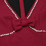 Women's Autumn Valentine Bow Pearl Embellished V-Neck Dress