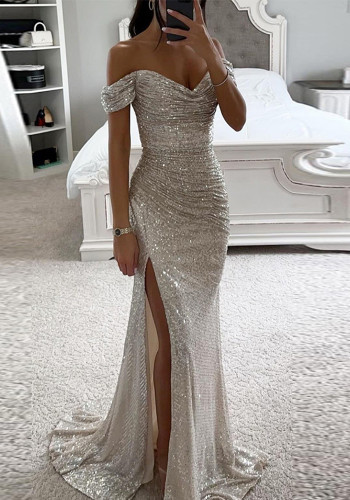 Women's Chic Off-Shoulder Sequin Slit Formal Party Dress