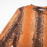 Women's Autumn Winter Snake Print Round Neck Pullover Crop Top Tight Fitting Pants Set