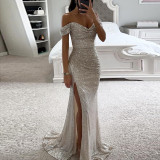 Women's Chic Off-Shoulder Sequin Slit Formal Party Dress