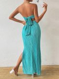Women's Strapless Pleated Slim Fit Bow Slit Evening Gown