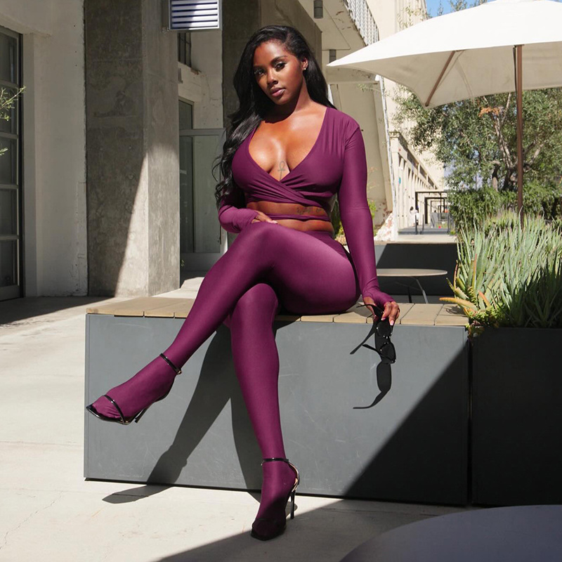 Women's Autumn Winter V-Neck Cross Lace-Up Open Waist Fingerless Top High Waist Pants Set