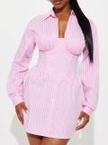 Women's Autumn Striped Button-Down Turndown Collar V-Neck Dress