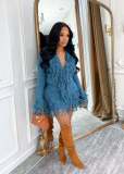 Autumn & Winter Knitted Crochet Fringe Lace-Up Long Sleeve Bodycon Skirt Set
