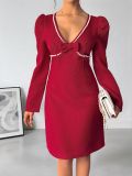 Women's Autumn Valentine Bow Pearl Embellished V-Neck Dress