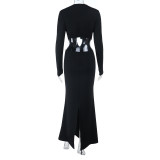 Women's Autumn Sexy Ruffled V-Neck Long Sleeve Solid Evening Dress