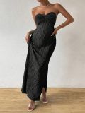 Women's Strapless Pleated Slim Fit Bow Slit Evening Gown