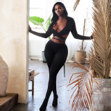 Women's Autumn Winter V-Neck Cross Lace-Up Open Waist Fingerless Top High Waist Pants Set