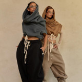 Women's Autumn Winter Solid Casual Sleeveless Color Block Drawstring Hooded Top