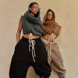 Women's Autumn Winter Solid Casual Sleeveless Color Block Drawstring Hooded Top