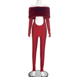 Women's Autumn Winter Off-Shoulder Furry Patchwork Cut-Out Fingerless Long Jumpsuit