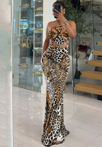 Women's Autumn Winter Fashion Tiger Print Tie Patchwork Sexy Low Back Slit Bodycon Dress