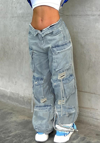 Women's Distressed Multi-Pocket Straight Leg Cargo Denim Pants