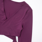 Women's Autumn Winter V-Neck Cross Lace-Up Open Waist Fingerless Top High Waist Pants Set