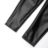 Women's Autumn Halter Neck Furry Collar Lace-Up Patchwork Leather Low Back Hollow Out Jumpsuit