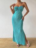 Women's Strapless Pleated Slim Fit Bow Slit Evening Gown