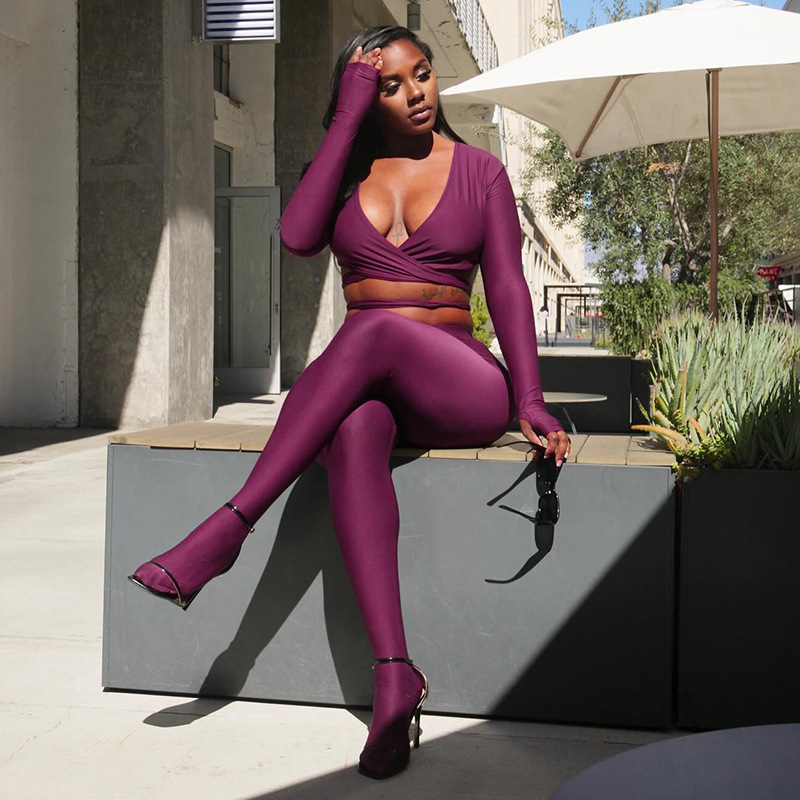 Women's Autumn Winter V-Neck Cross Lace-Up Open Waist Fingerless Top High Waist Pants Set