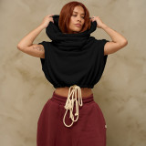 Women's Autumn Winter Solid Casual Sleeveless Color Block Drawstring Hooded Top