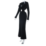 Women's Autumn Sexy Ruffled V-Neck Long Sleeve Solid Evening Dress