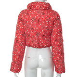 Women's Autumn Winter Casual Print Turndown Collar Zip Cotton-padded Coat